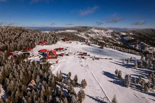 Aerial ski slope at dawn
